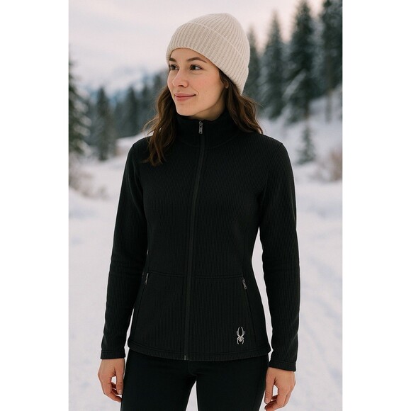 Spyder Women’s Ribbed Fleece Jacket Black Zip Up Mock Neck Activewear Outdoor Lg - Picture 2 of 10